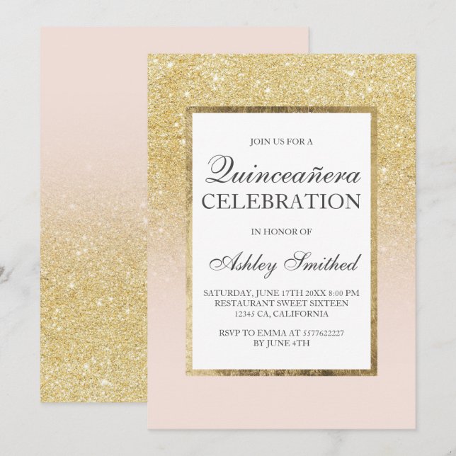 Convite Trendy gold - Glitter elegante Quinceañera (Frente/Verso)