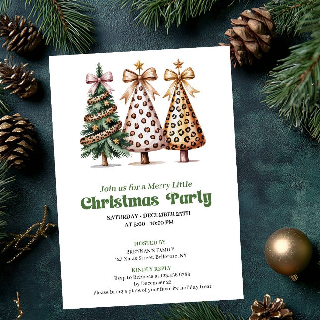 Convite Trendy gold green leopard Christmas tree invites (Trendy gold green leopard Christmas tree invitation)