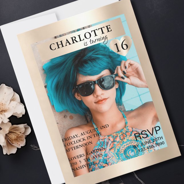 Convite Trendy Gold Magazine Cover-Photo Inspirierte (Trendy Gold Magazine Cover-Photo Inspired Invitation)