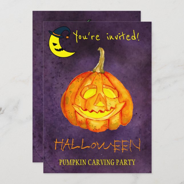 Convite Trendy Halloween - aquarela de abóbora (Frente/Verso)