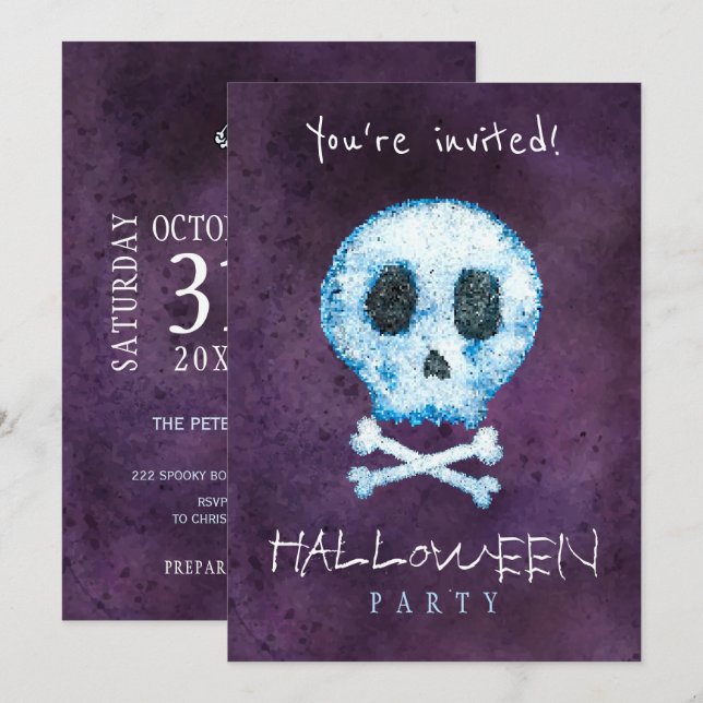 Convite Trendy Halloween: crânio de aquarela e festa de os (Frente/Verso)