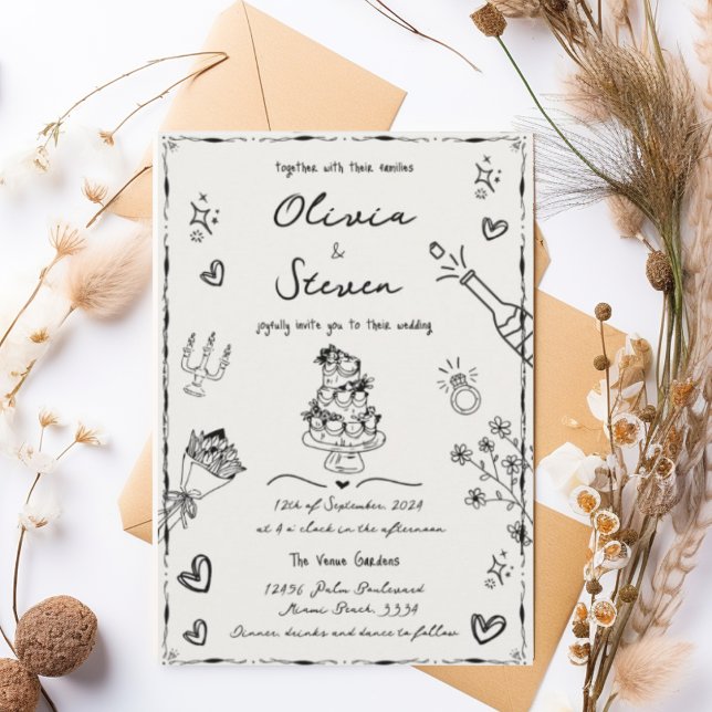 Convite Trendy Hand Drawn Quirky Scribble Wedding (Criador carregado)