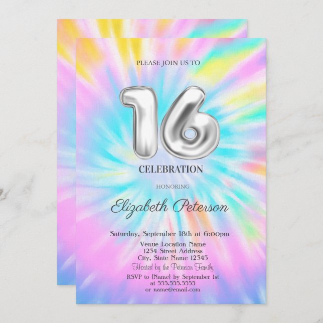 Convite Trendy Legal Tie Dye Sweet 16 (Frente/Verso)