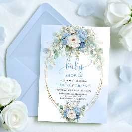 Convite Trendy Light Blue Flowers Greenery Baby Shower