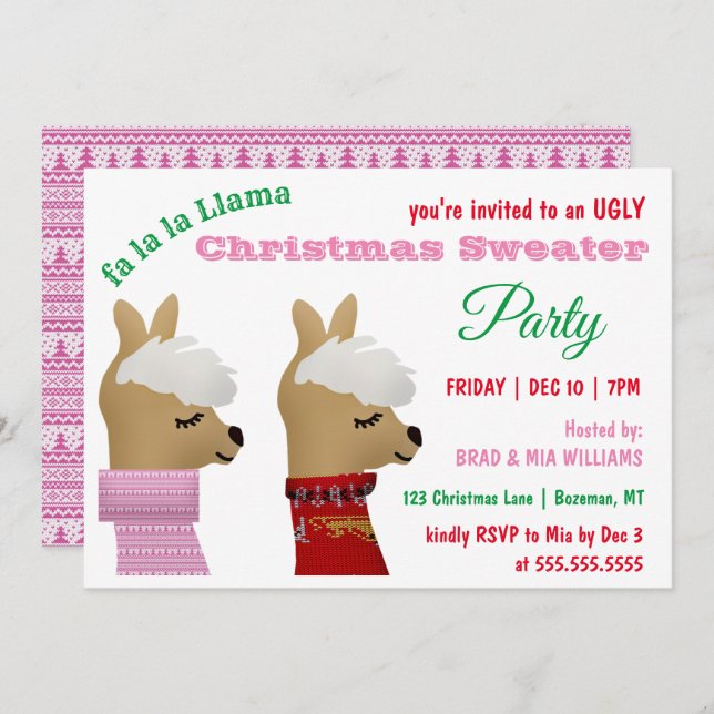 Convite Trendy Llama Pink Christmas Sweater Party (Frente/Verso)