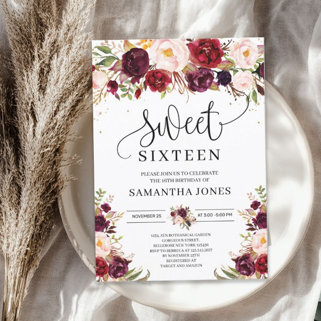 Convite Trendy marsala burgundy blush floresce 16 (Trendy marsala burgundy blush floral sweet sixteen invitation)