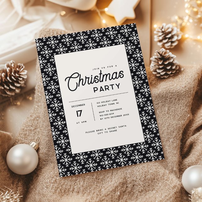 Convite Trendy Minimal Black and White Snowflake Christmas (Neutral Snowflake Modern Christmas Party invitation black)