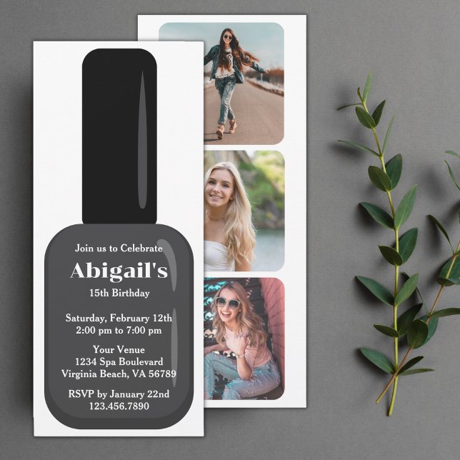 Convite Trendy Modern Black & White Nail Polish Birthday (Criador carregado)