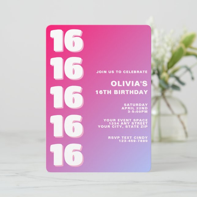 Convite Trendy Modern Pink Gradient 16th Birthday (Em pé/Frente)