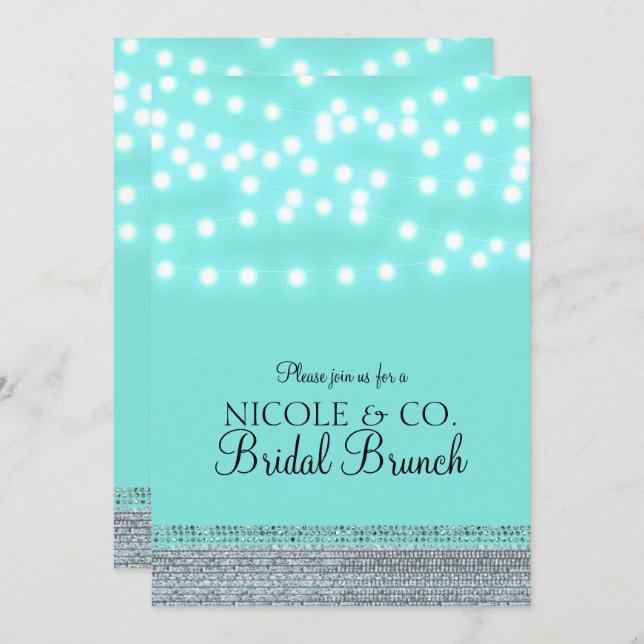 Convite Trendy Modern Turquoise Blue String Lights & Bling (Frente/Verso)
