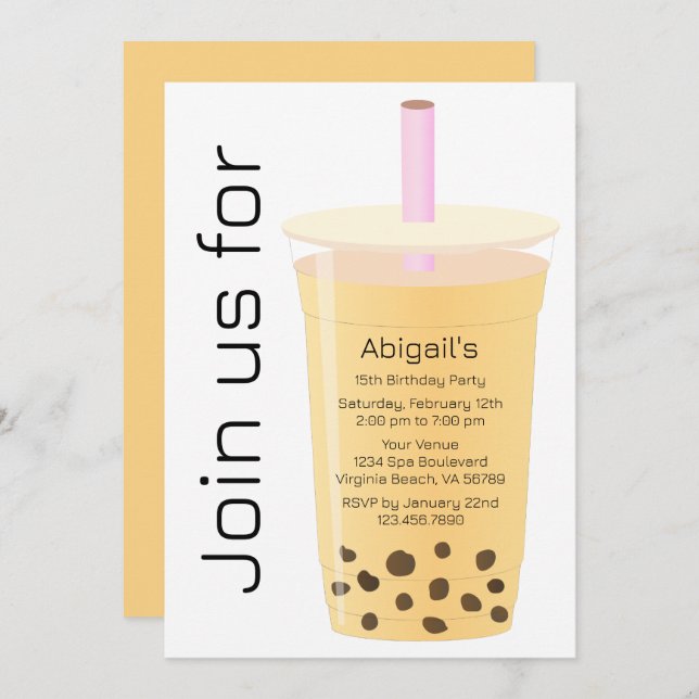 Convite Trendy Modern White e Mango Boba Tea Birthday (Frente/Verso)