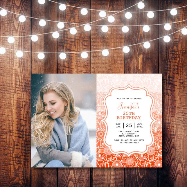 Convite Trendy Orange Stripes Foto de Frame Floral Anivers (Criador carregado)