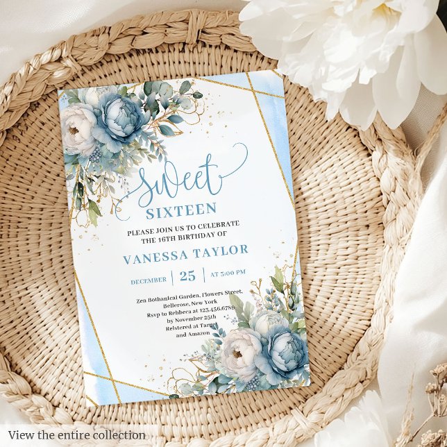 Convite Trendy Pastel Blue Floral Sweet Dezesseis (Trendy Pastel Blue White Floral Sweet 16 Invitation)