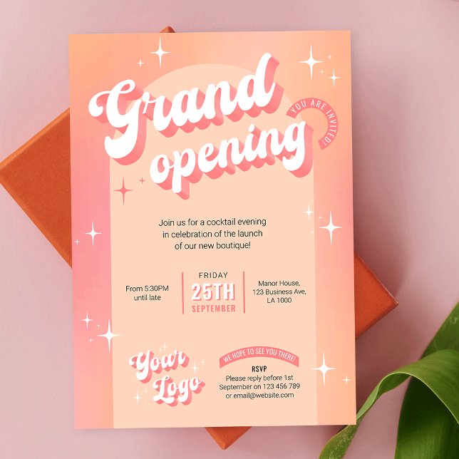 Convite Trendy Peach Rosa Salon Spa Boutique Grand Open (Create modern and fun business launch event invitations with this Retro Groovy Business Invitation)