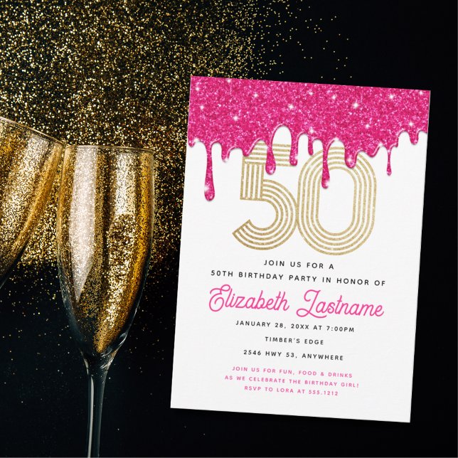 Convite Trendy Pink Glitter Drip 50th Aniversário (Criador carregado)
