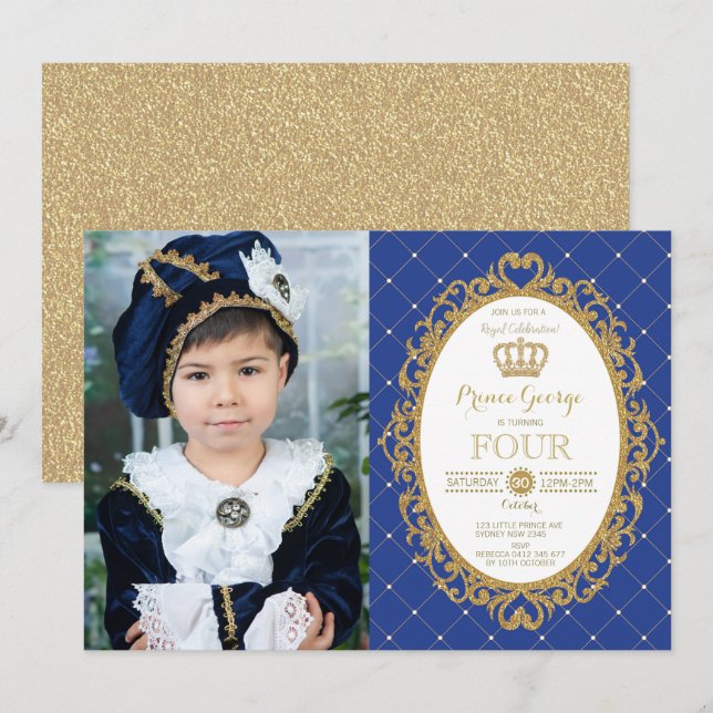 Convite Trendy Prince Birthday Royal Blue Dourada Party Fo (Frente/Verso)