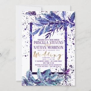 Convite Trendy Purple Foliage Splatter Weding