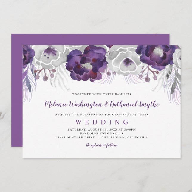 Convite Trendy Purple Silver Watercolor Casamento Floral (Frente/Verso)