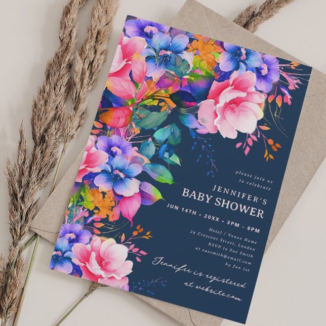 Convite Trendy Rainbow Garden Chá de fraldas Floral Marinh (Trendy Rainbow Garden Floral Baby Shower Navy Invitation)