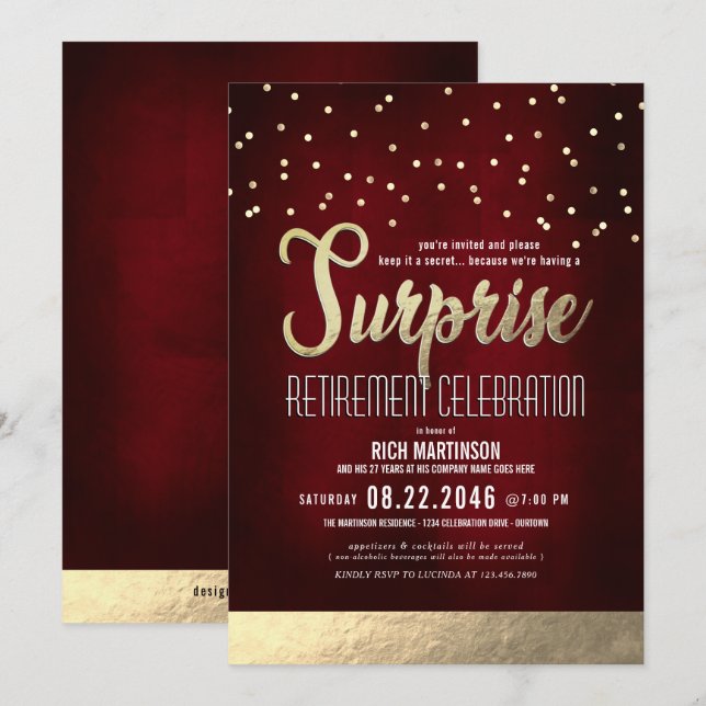 Convite Trendy Red/Dourado Surprise Retirement Party (Frente/Verso)