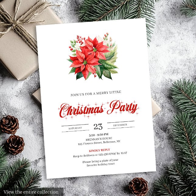 Convite Trendy Red Poinsettia Holiday Party Christmas   (Trendy Red Poinsettia Holiday Party Christmas Invitation)