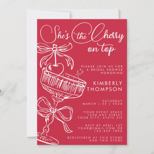 Convite Trendy Red She's The Cherry On Top Bridal Shower (Frente)