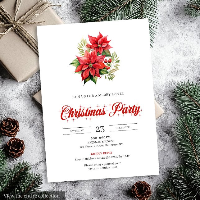 Convite Trendy Red White Poinsettia Holiday Party Invites (Trendy Red White Poinsettia Holiday Party Invitation)