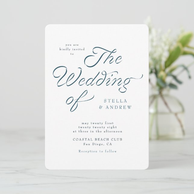 Convite Trendy Ribbon Elegant Script Wedding Invitation (Em pé/Frente)