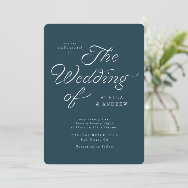 Convite Trendy Ribbon Elegant Script Wedding Invitation (Em pé/Frente)