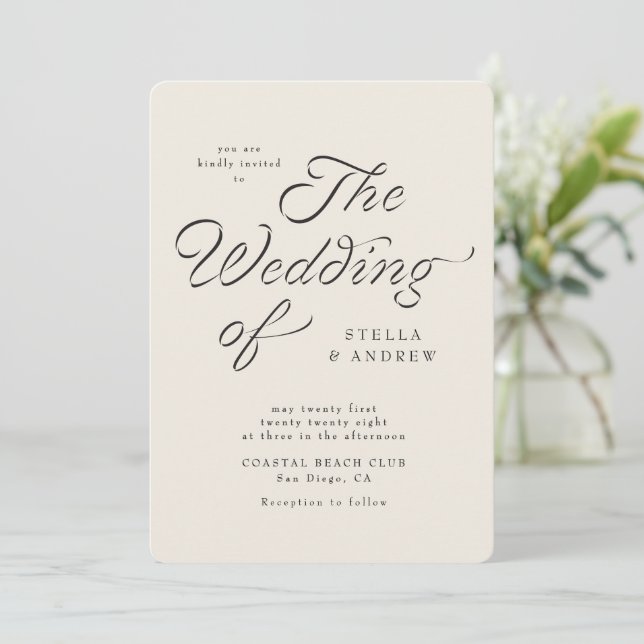 Convite Trendy Ribbon Elegant Script Wedding Invitation (Em pé/Frente)