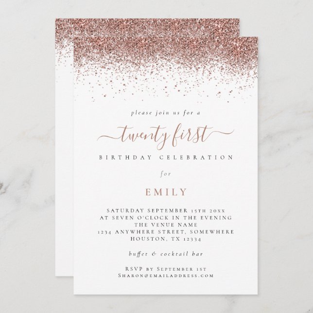 Convite Trendy Rosa Dourada Glitter Party (Frente/Verso)