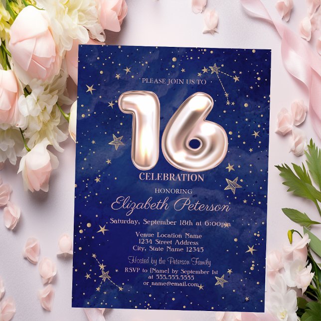 Convite Trendy Rosa Dourado Stars Marinho Blue Sweet 16 (Criador carregado)