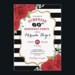 Convite Trendy Rosa vermelha 60th Surprise Birthday<br><div class="desc">Este design apresenta rosas vermelhas de aquarela vibrantes sobre fundo listrado preto e branco</div>