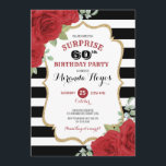 Convite Trendy Rosa vermelha 60th Surprise Birthday<br><div class="desc">Este design apresenta rosas vermelhas de aquarela vibrantes sobre fundo listrado preto e branco</div>