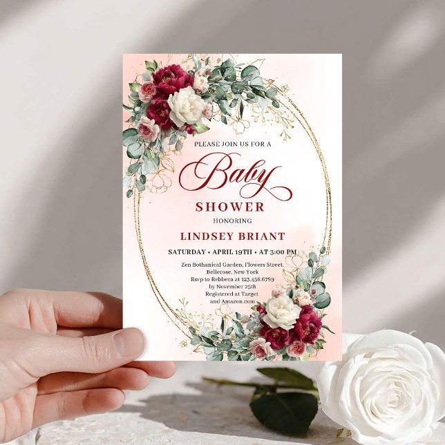 Convite Trendy Rustic Burgundy Gold Baby Shower Invitation (Trendy Rustic Burgundy Gold Baby Shower Invitation)