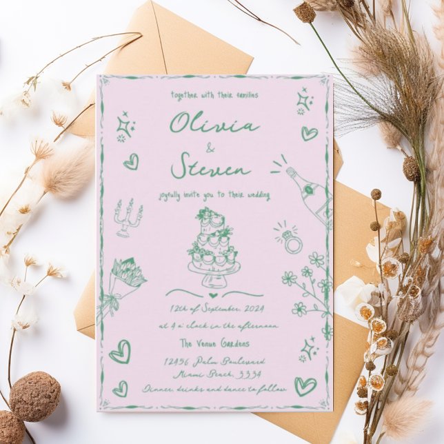 Convite Trendy Sage Hand Drawn Quirky Scribble Wedding (Criador carregado)