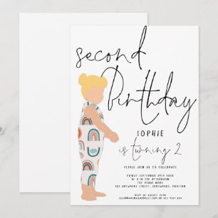 Convite Trendy Script Girl Blonde Rainbows segundo anivers