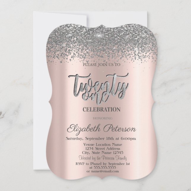 Convite Trendy Silver Diamantes Rosa aniversário de 21 ano (Frente)