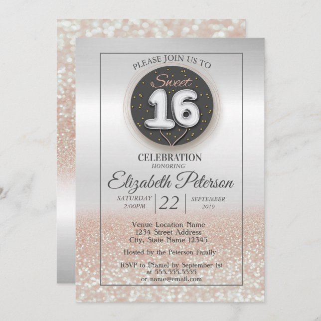 Convite Trendy Silver Glitter Bokeh Ombre, Doce 16 Partido (Frente/Verso)
