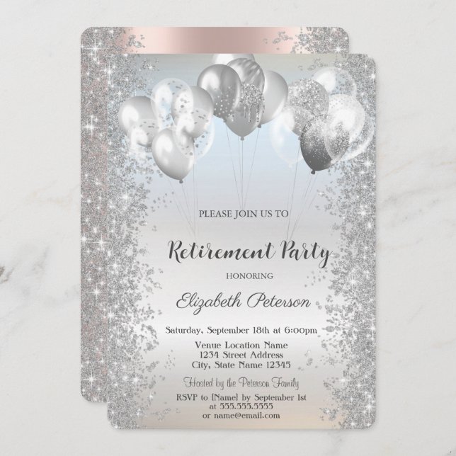 Convite Trendy Silver Glitter Confetti Balões Retirada (Frente/Verso)