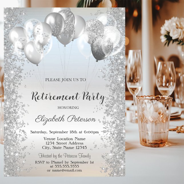 Convite Trendy Silver Glitter Confetti Balões Retirada (Criador carregado)