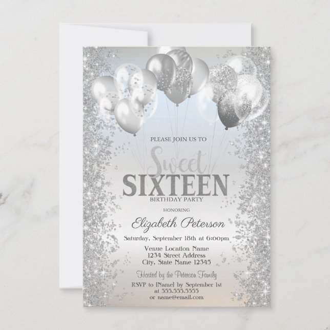 Convite Trendy Silver Glitter Confetti Balões Sweet 16 (Frente)