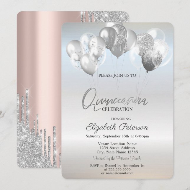 Convite Trendy Silver Glitter Drives Balões (Frente/Verso)