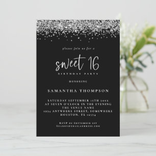 Convite Trendy Silver Glitter Sweet 16 Birthday Black 
