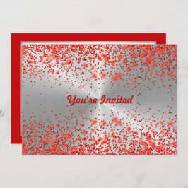 Convite Trendy Silver Metallic Red Glitter Aniversário