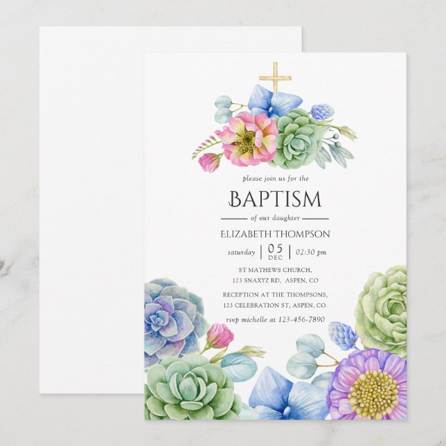 Convite Trendy Succulent Floral Baptism (Frente/Verso)