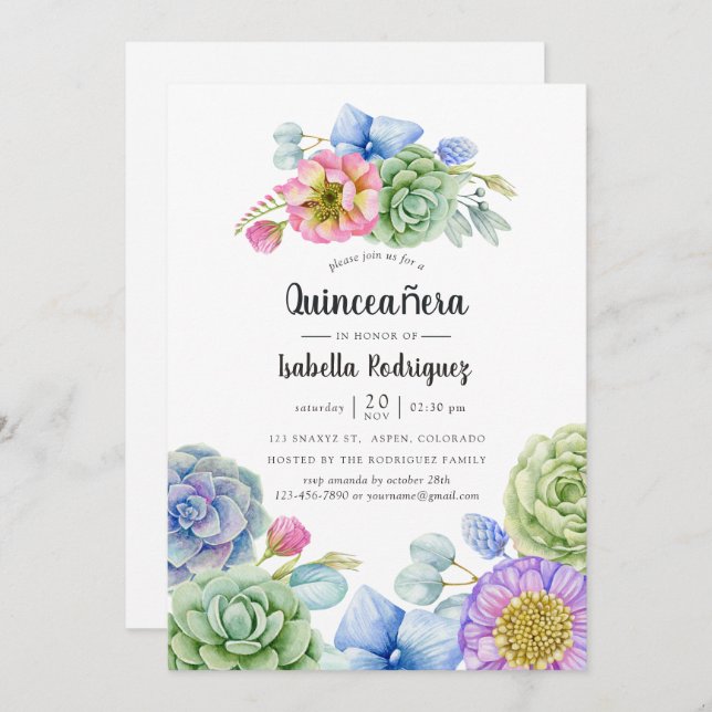 Convite Trendy Succulent Floral Quinceañera (Frente/Verso)