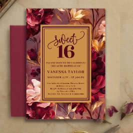 Convite Trendy Sweet 16 Burgundy Roses Gold Invitation