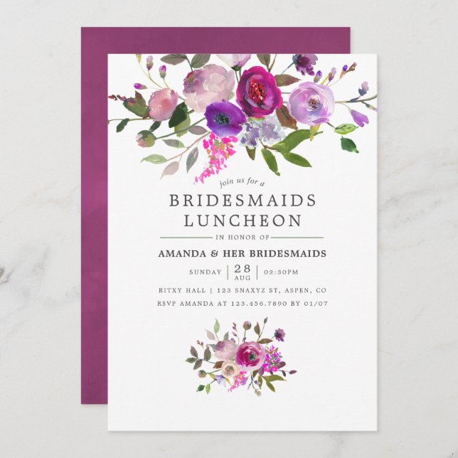 Convite Trendy Watercolor Floral Bridesmaids Luncheon (Frente/Verso)