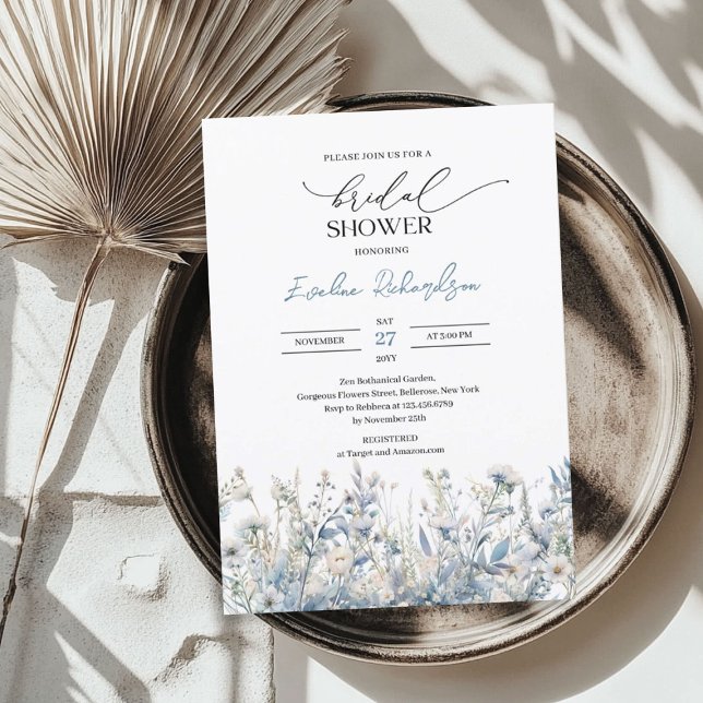 Convite Trendy watercolor invernal azul-silvestre (Trendy watercolor winter dusty blue wildflowers invitation)